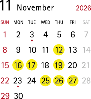 2026年11月のJIAマンス開催日カレンダー。11月12日、16日、17日、19日、25日、26日、27日に開催